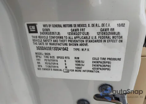 2003 Buick Rendezvous Cxl z USA, uszkodzony, nr VIN 3G5DA03E13S541942